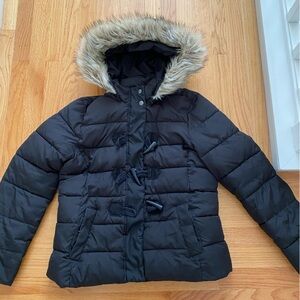 Black Puffer Jacket with Faux Fur Hood